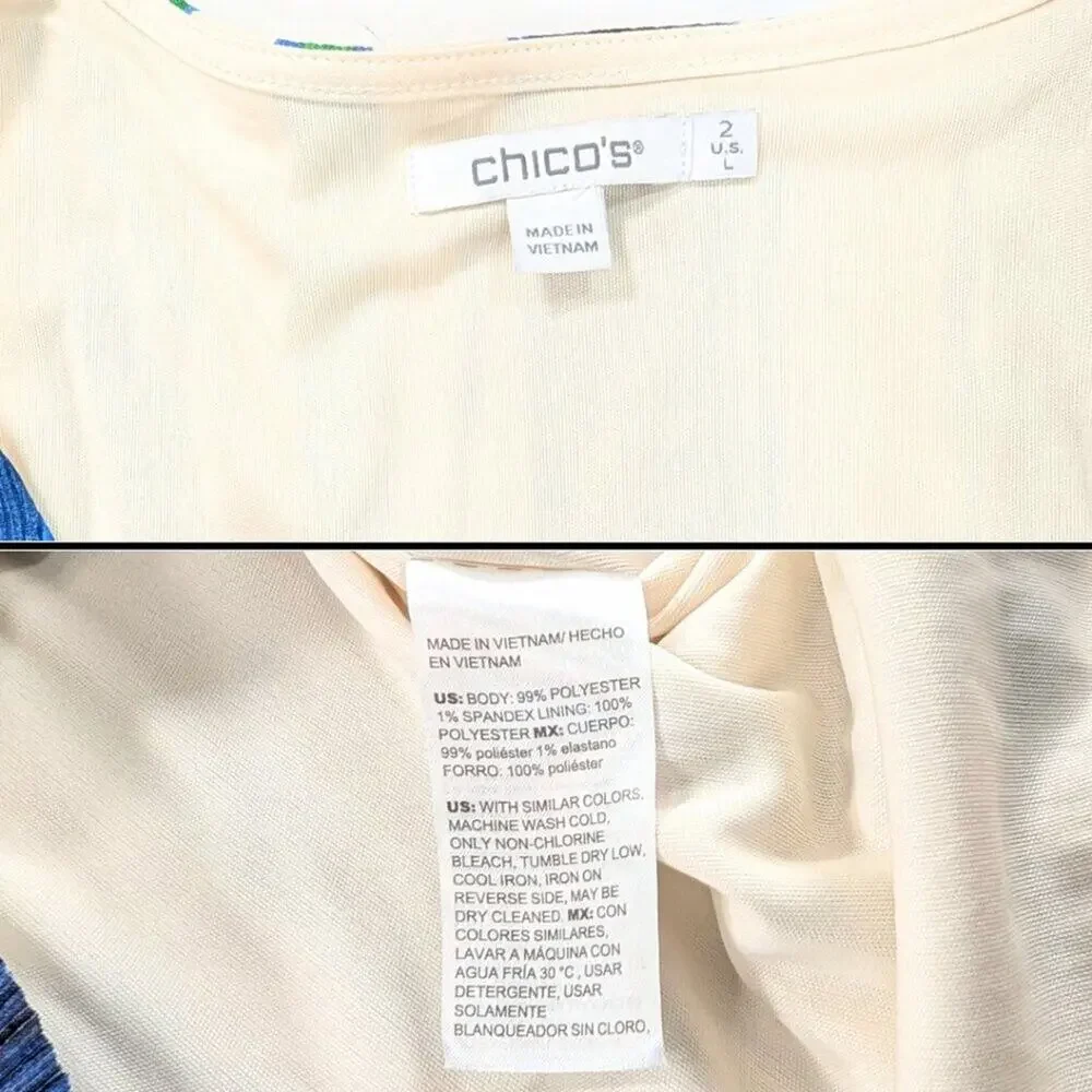 Chico's 2 (Large) Blue Green Stripe V-Neck Pleated Gathered Sleeve Lined Blouse
